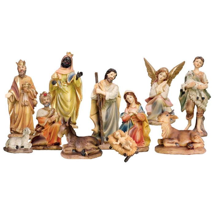 Nativity Crib Figures 15cm / 6 Inches High, Set of 11 Handpainted Resin Figures With Gold Highlights