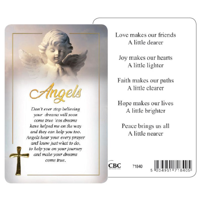 Angels, Laminated Prayer Card With Embossed Gold Cross