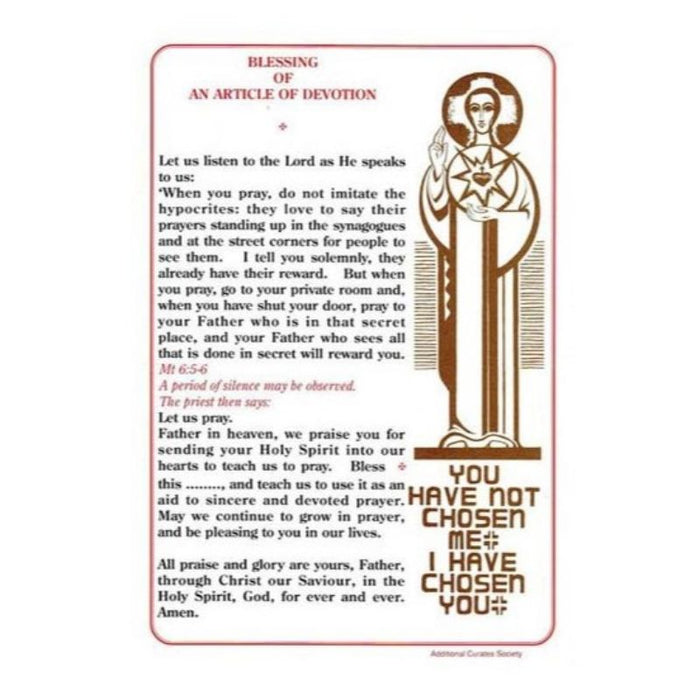 Blessing Of An Article Of Devotion, A5 Size Laminated Altar Card