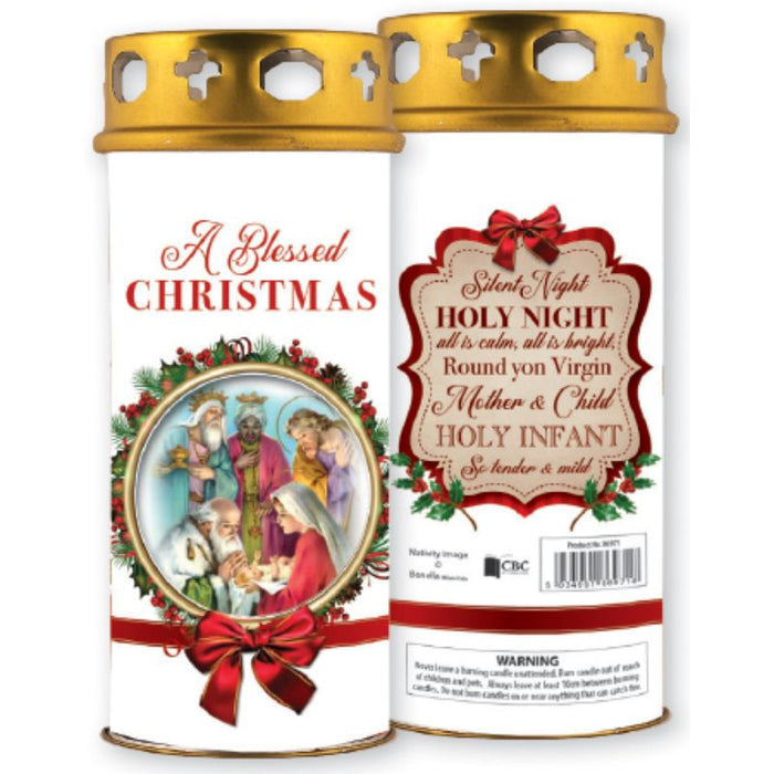Christmas Candle, A Blessed Christmas, With Prayer On The Reverse 16.5cm High With Windproof Top