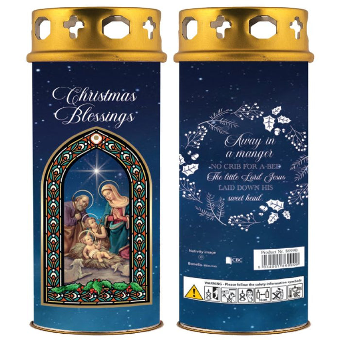 Christmas Candle, Christmas Blessings Arched Window, Away In a Manger On The Reverse 16.5cm High With Windproof Top