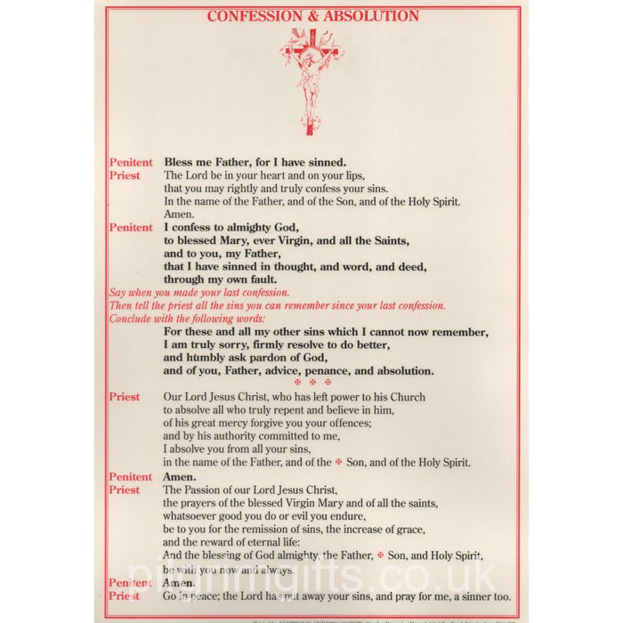 Confession and Absolution (Traditional Form), A4 Size Laminated Altar Card
