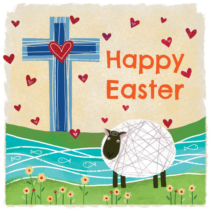 Easter Greetings Cards Pack of 5 Happy Easter With Cross and Sheep, With Bible Verse On the Inside Matthew 28:6