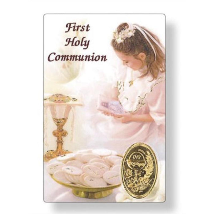 First Holy Communion Prayer Card for a Girl With Gold Stamped Medal
