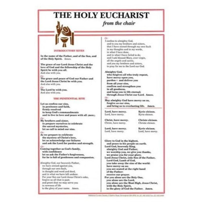 Holy Eucharist From The Chair, A4 Size Laminated Altar Card Double Sided