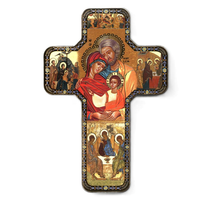 Holy Family Icon Cross, Mounted Icon Print Size: 18cm / 7 Inches High