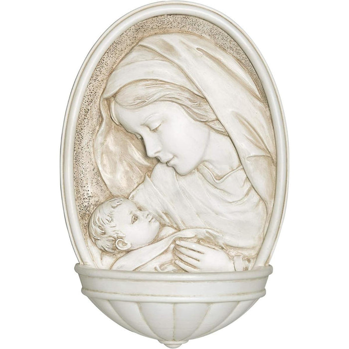 Madonna and Child, Holy Water Font 20cm / 8 Inches High, Cast White Resin, by Joseph's Studio