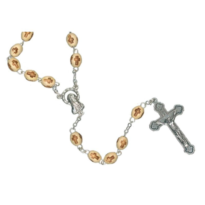 Natural Light Wood Rosary With Dark Wood Our Father Beads. Engraved Cross on Each Bead