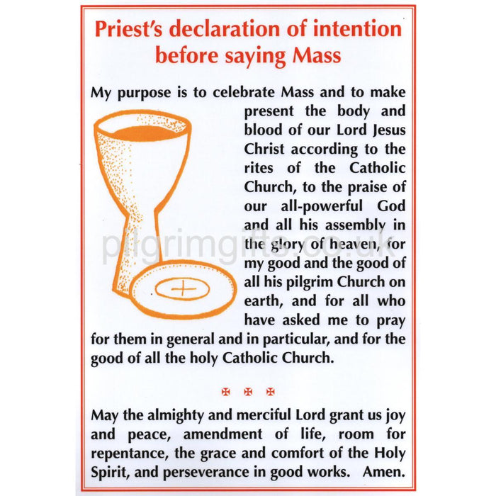 Priest's Declaration of Intention before offering Mass, Laminated Altar Card Available In 2 Sizes