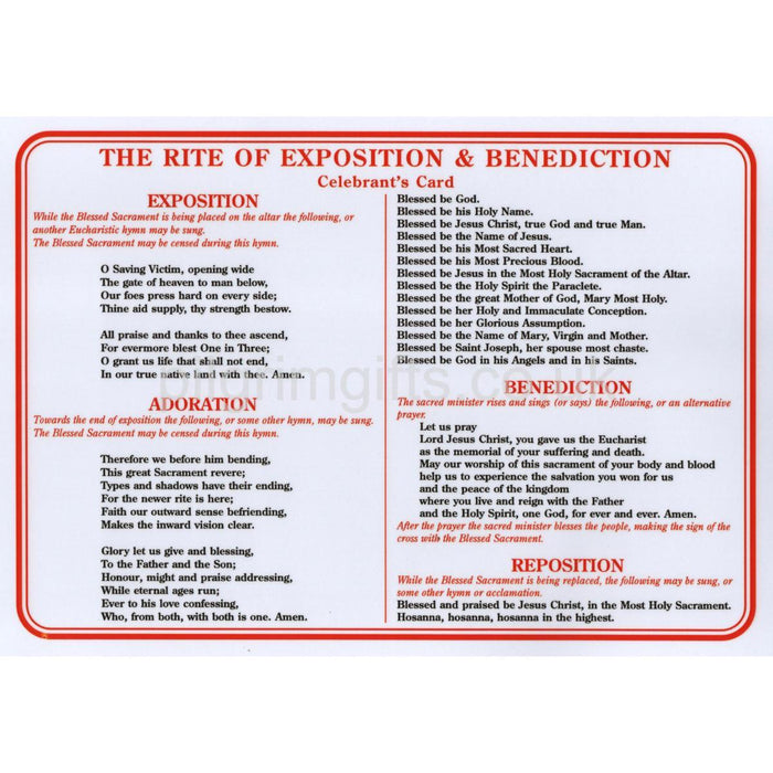 The Rite of Exposition & Benediction Celebrant's Card, Printed On Both Sides A4 Size Laminated Altar Card