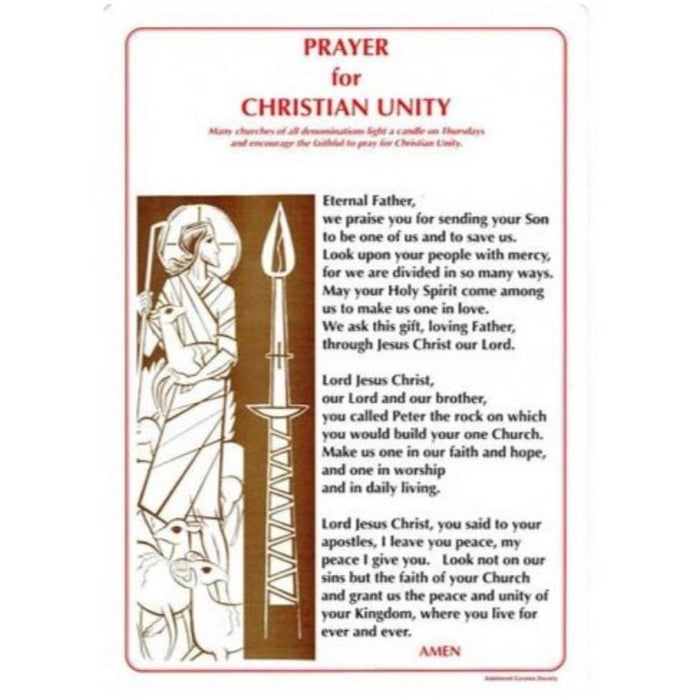 Prayer For Christian Unity, A4 Size Laminated Card