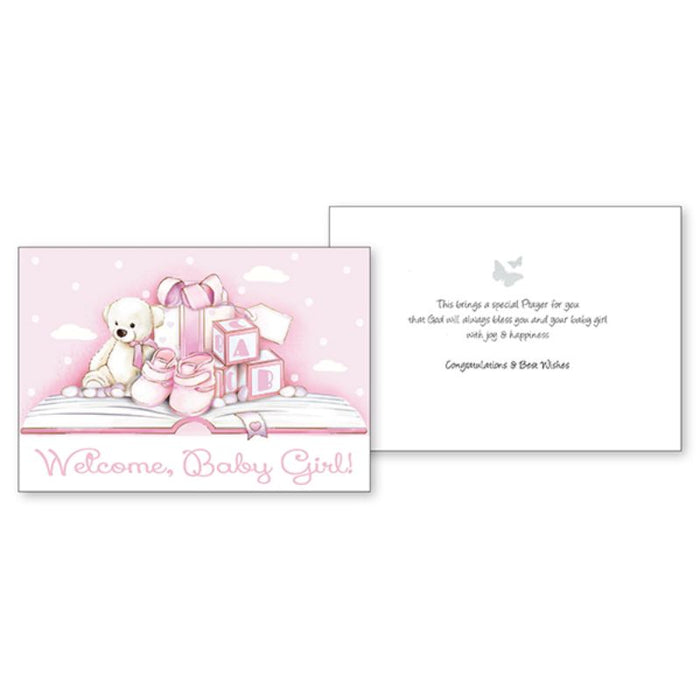 Welcome Baby Girl, Greetings Card With Prayer on Inside of Card