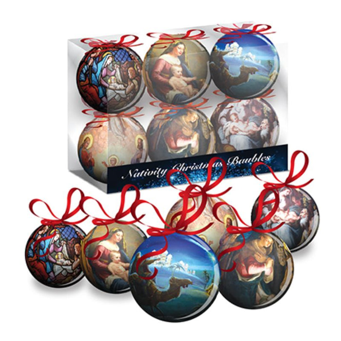 Christmas Tree Baubles With Nativity Scenes, Unbreakable Polyfoam Pack of 6 Different Designs, 6.5cm / 2.5 Inches Diameter