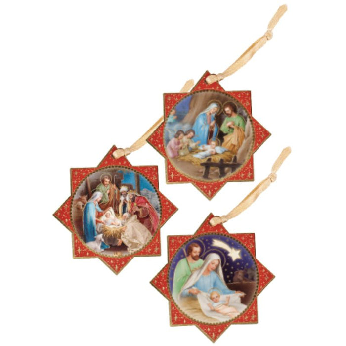 15% OFF Christmas Tree Decorations, Pack of 3 Wooden Nativity Scenes With Hanging Cord & Gold Foil Highlights