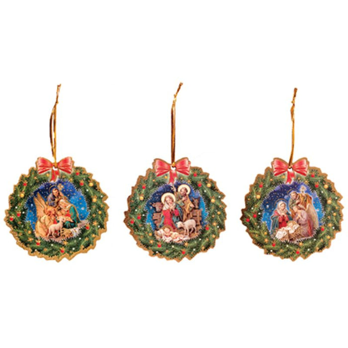 15% OFF Christmas Tree Decorations Classic Wreath Design, Pack of 3 Wooden Nativity Scenes With Hanging Cord & Gold Foil Highlights