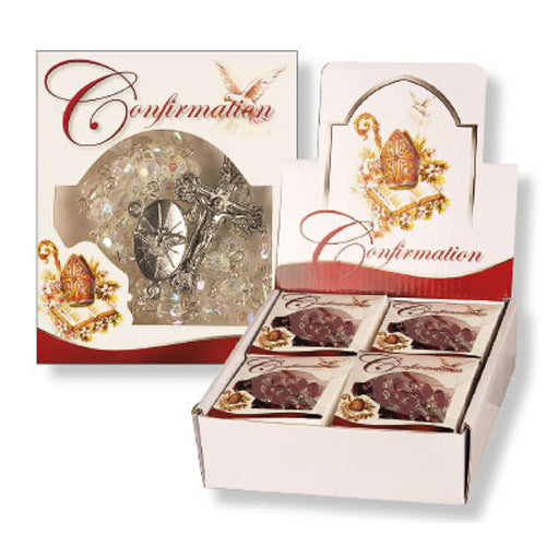 Confirmation Rosary, Imitation Crystal Beads With Holy Spirit Medal and Presentation Box