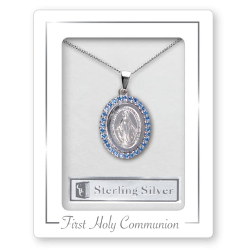 First Holy Communion Catholic Gifts, Sterling Silver Blue Crystal Stone Miraculous Medal & Chain