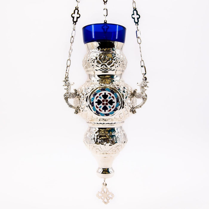 Hanging Vigil Sanctuary Lamp,  Silver Plated With Emamelled Motifs ONLY 1 X LAMP AVAILABLE