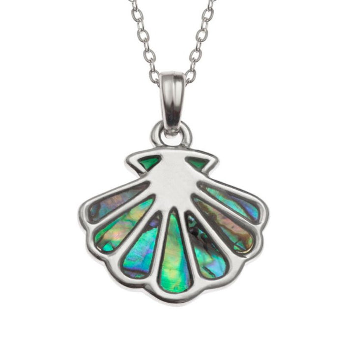 Pilgrim Scallop Shell Design Pendant, With Inlaid Paua Shell 25mm In Length complete with 18 Inch length chain