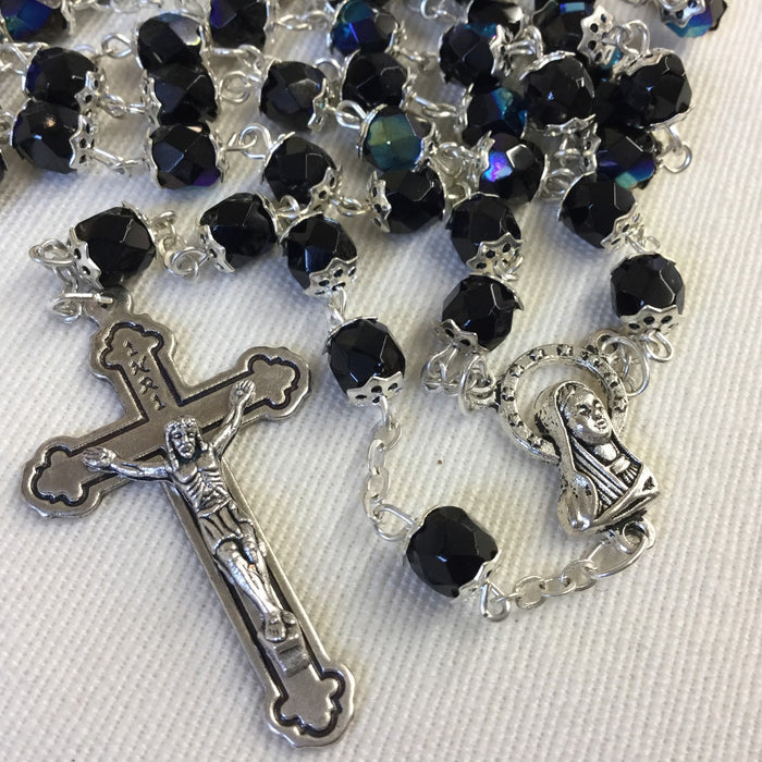 Black Glass Rosary, 5mm Capped Beads