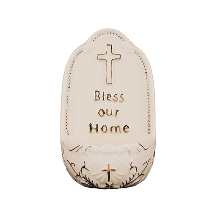 Bless Our Home, Glazed Porcelain Holy Water Font  5 Inches High