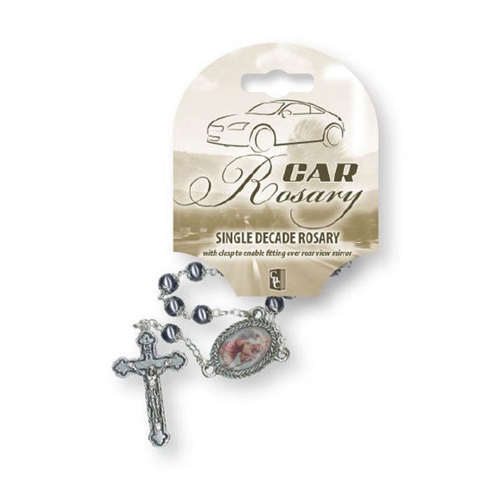 One Decade Car Rosary, Imitation Hematite Beads 6mm Diameter With St. Christopher Medal