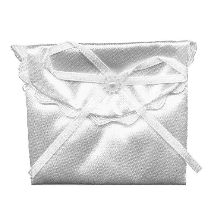 First Holy Communion Catholic Gifts,First Holy Communion Rosary Purse, White Satin With Bow & Pearls