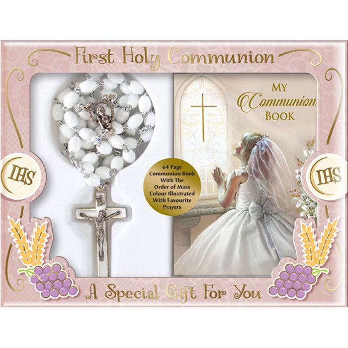 First Holy Communion Gift Set For a Girl, A Special Gift For You with Prayer Book and Strong White Rosary Beads