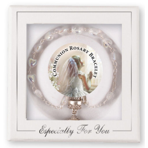 First Holy Communion Catholic Gifts, First holy communion rosary bracelet complete with gift box. The bracelet has white glass heart shaped beads.