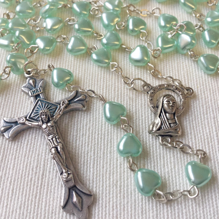 Green Blue, Heart Shaped Rosary Beads