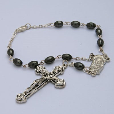 One Decade Rosary Bracelet, Large Oval Glass Hematite Beads