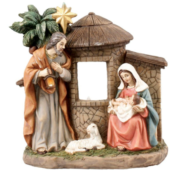 Holy Family Nativity Crib Figures With Light, Handpainted 13cm / 5 Inches High Resin Cast