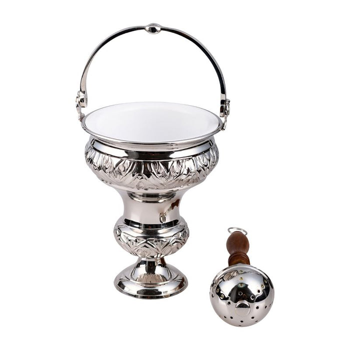Holy Water Vat, Baroque Design Silver Nickel Plated 30cm High Complete With Holy Water Sprinkler - Aspergillum