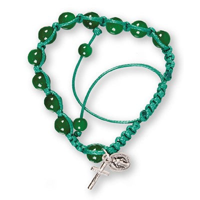 Macrame Rosary Bracelet, Green Glass Beads