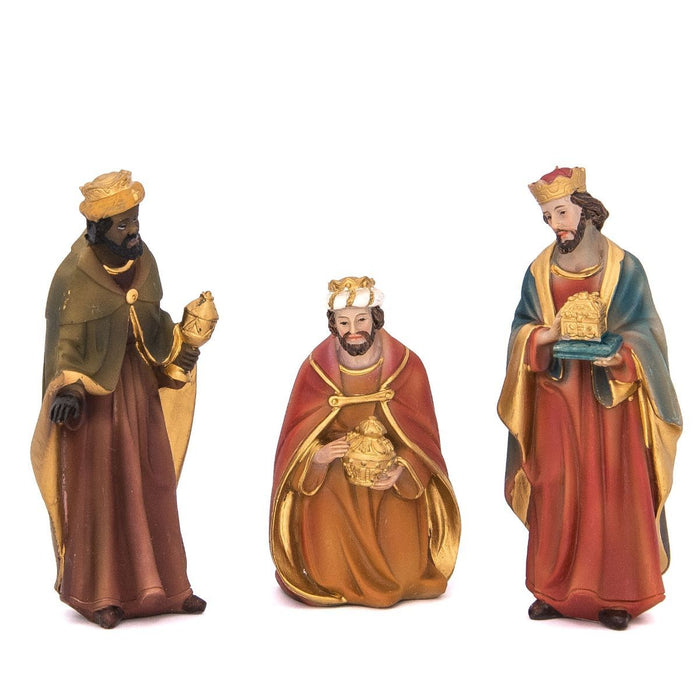 Nativity Crib Figures 11.5cm / 4.5 Inches High, Set of 11 Handpainted Muted Colour Resin Figures With Gold Highlights