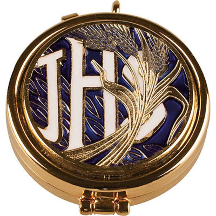 Gold Plated & Blue Enamelled Pyx, IHS and Wheatsheaf Design, Holds 10 Peoples Wafers
