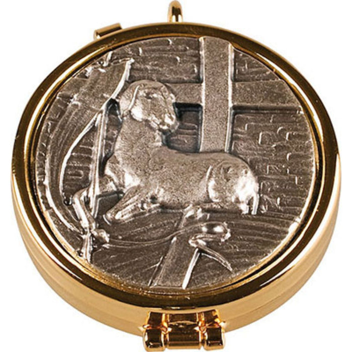 Gold Plated & Silvered Pyx, Agnus Dei - Lamb of God Design, Holds 10 Peoples Wafers