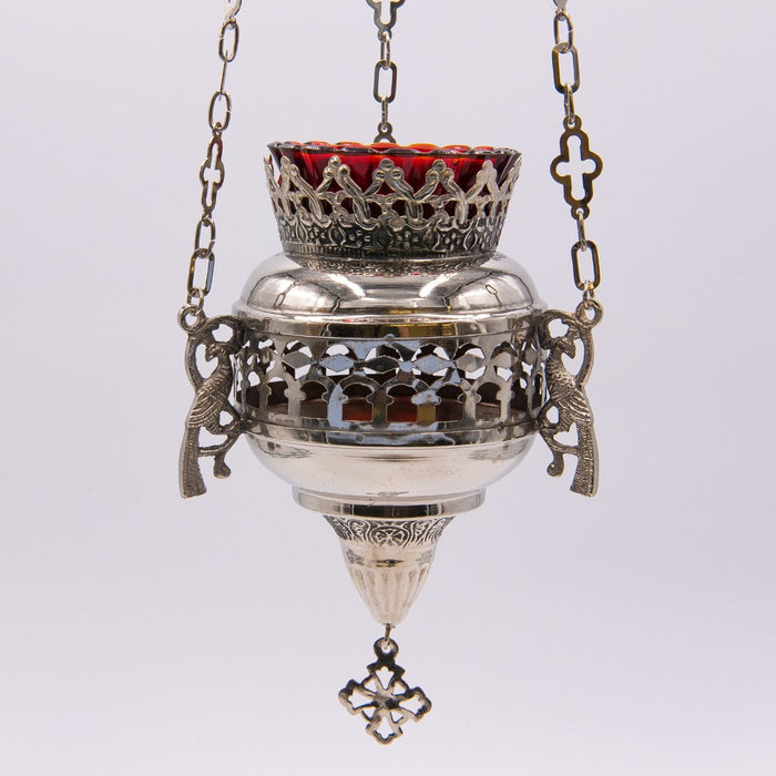 Hanging Vigil Sanctuary Lamp, Silver Plated With Decorative Open Lattice Design