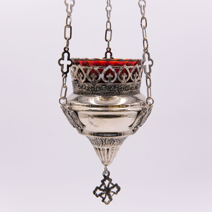 Hanging Vigil Sanctuary Lamp Silver Plated, With Double Headed Eagle Emblem On Chain Holder