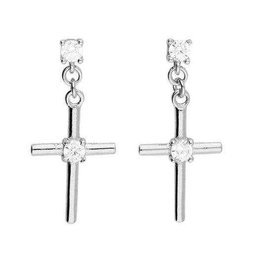 Christian Jewellery, Sterling Silver Slimline Cross Earrings, Stud Drop Design With Cubic Zirconia Stones