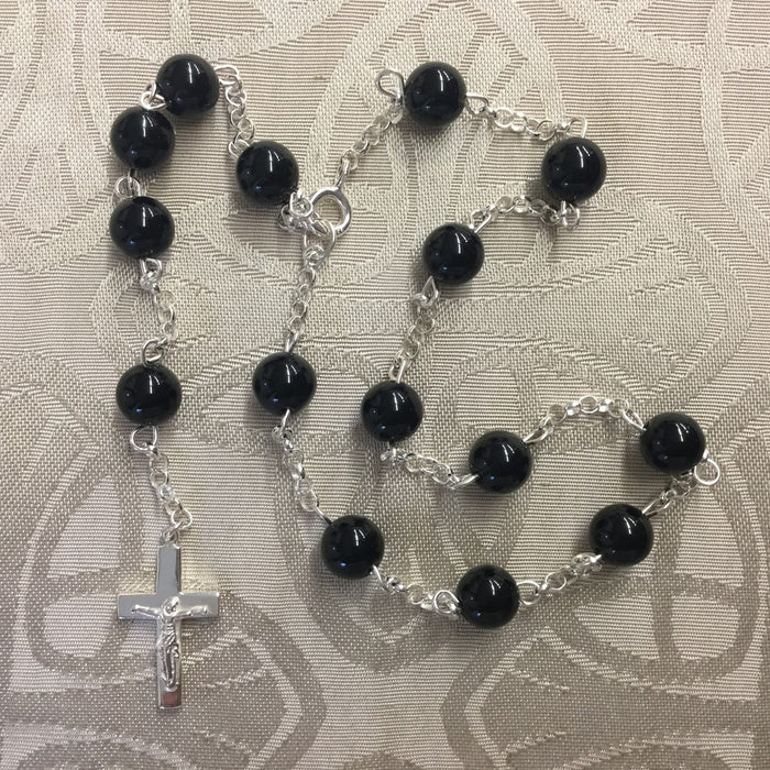 Sterling Silver One Decade Rosary, Real Black Onyx Beads 8mm Diameter SPECIAL ORDER ONLY
