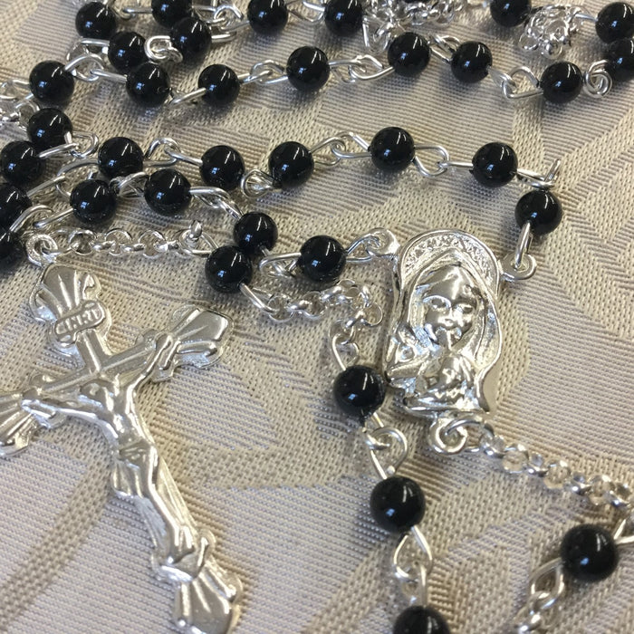 Sterling Silver Rosary, Real Black Onyx Beads 4mm Diameter SPECIAL ORDER ONLY