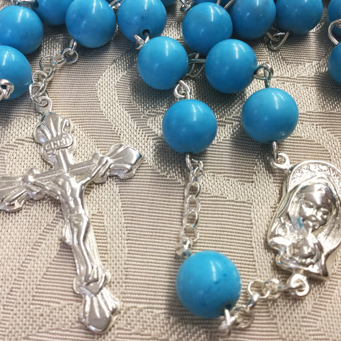 Sterling Silver Rosary, Turquoise Beads 8mm Diameter