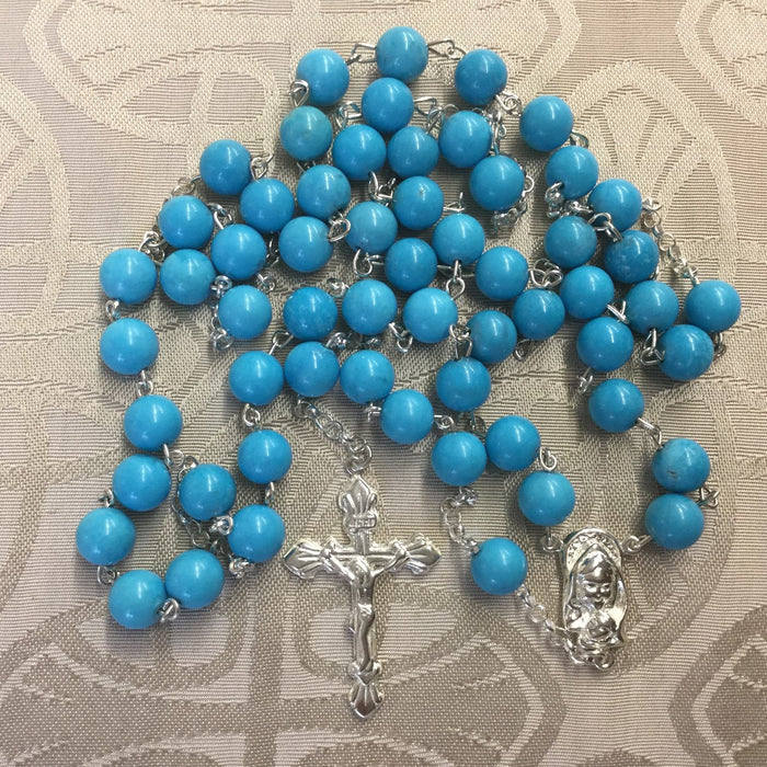 Sterling Silver Rosary, Turquoise Beads 8mm Diameter