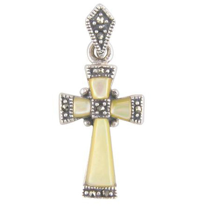 Yellow Shell and Marcasite Sterling Silver Cross 22mm In Length