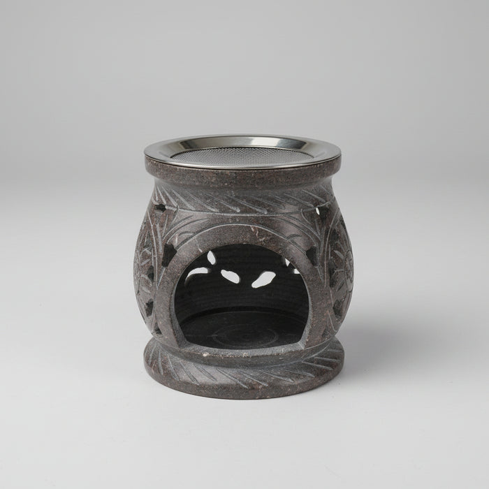 Soapstone Candlelight Burning Incense Burner, Floral Design 10cm / 4 Inches High