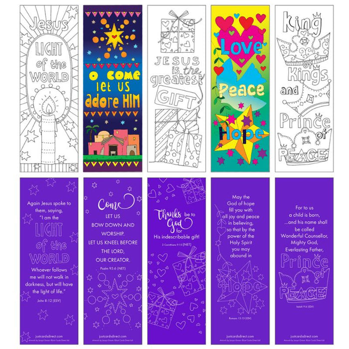10 Christmas Colouring Bookmarks 2 x 5 Different Designs With Bible Verses On The Reverse, by Jacqui Grace