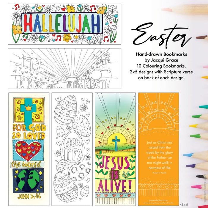 10 Easter Colouring Bookmarks With Bible Verses On The Reverse, by Jacqui Grace