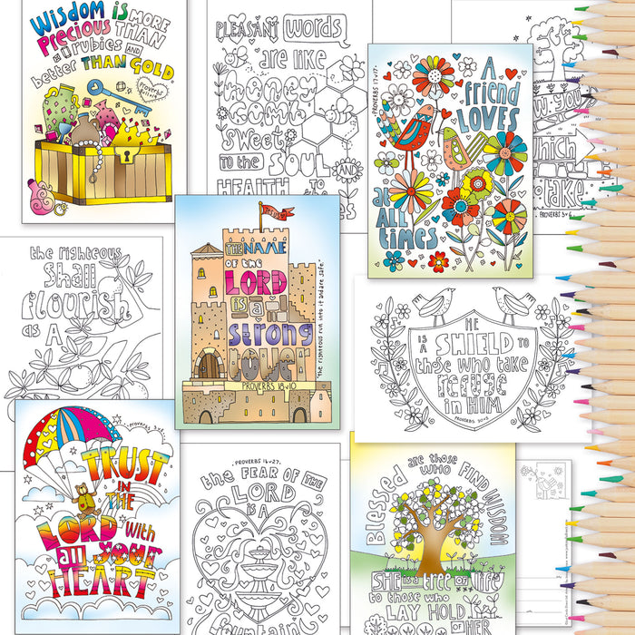 10 Exploring Proverbs Colouring Postcards, by Jacqui Grace