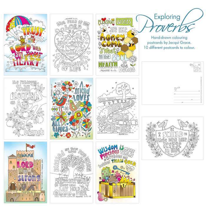 10 Exploring Proverbs Colouring Postcards, by Jacqui Grace